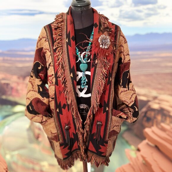 Vintage 90's Black Fringe Concho Jacket M/L - necklace and Rose Feather pin - Picture 1 of 10